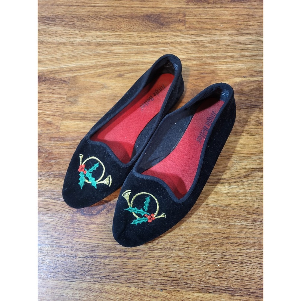 Vintage Jingle Bells Black Velvet Holly Horns Slip On Shoes Size‎ 7 Holiday